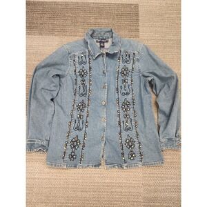 Susan Graver Blue Denim Embroidery Stone Bead Western Boho Shirt Shacket Size M.